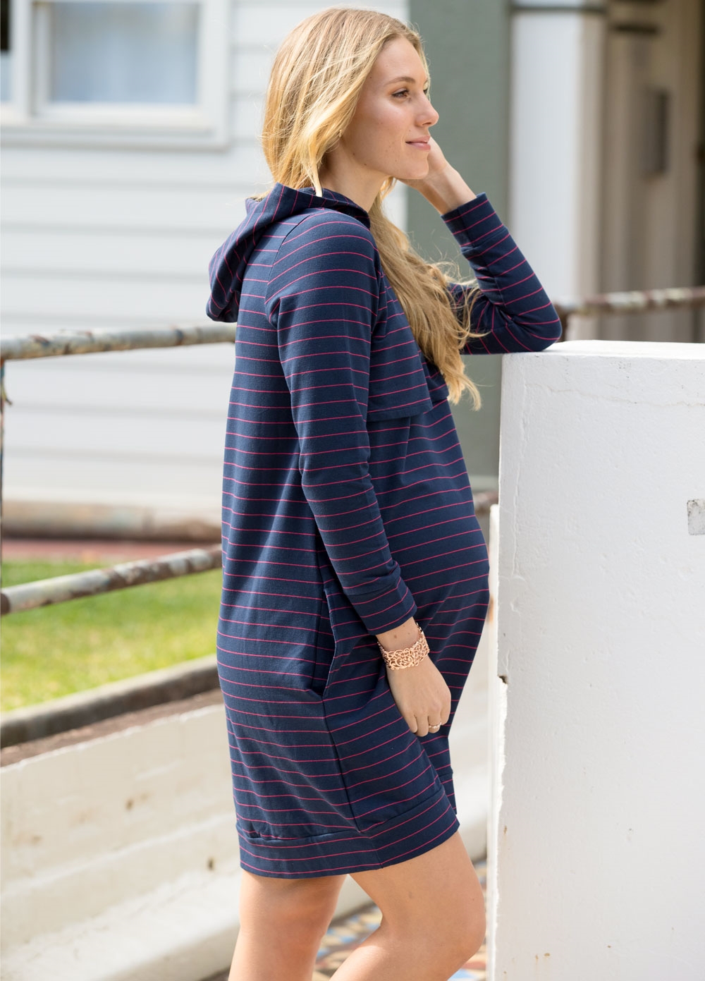 Queen Bee The Mama Hood Journey Pregnancy Dress in Navy/Red Stripe by Trimester